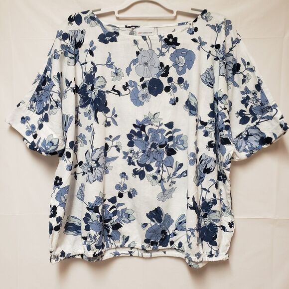 Liz Claiborne White Navy Blue Floral Print Short Sleeve Summer Top Sz XL NWOT - Picture 1 of 7